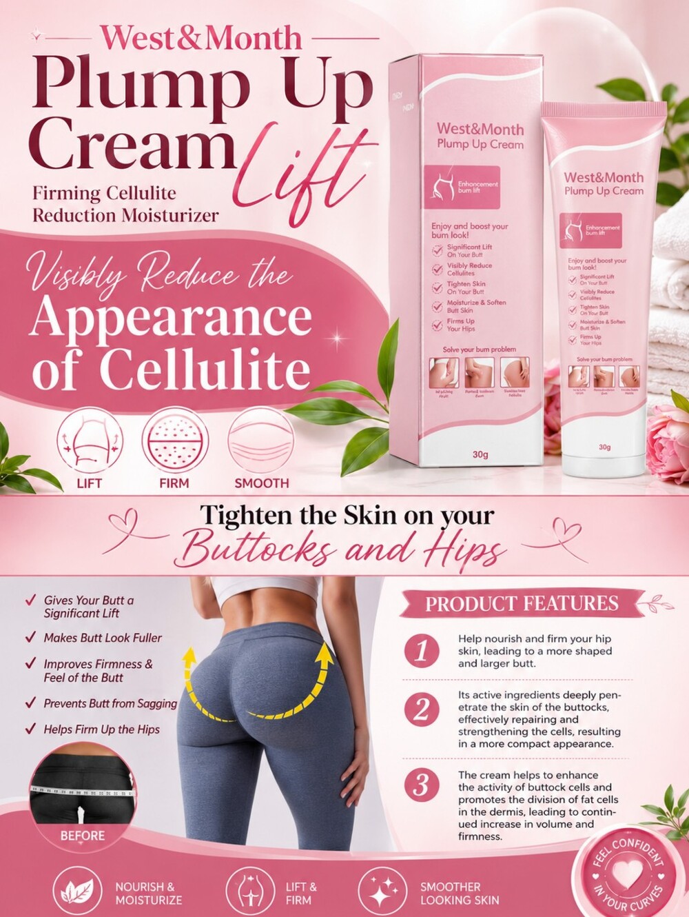 West&Month Plump Up Cream Lift Firming Cellulite Reduction Moisturizer